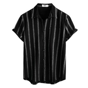Mens Summer Striped Button Down Short Sleeve Hawaiian Shirt Black